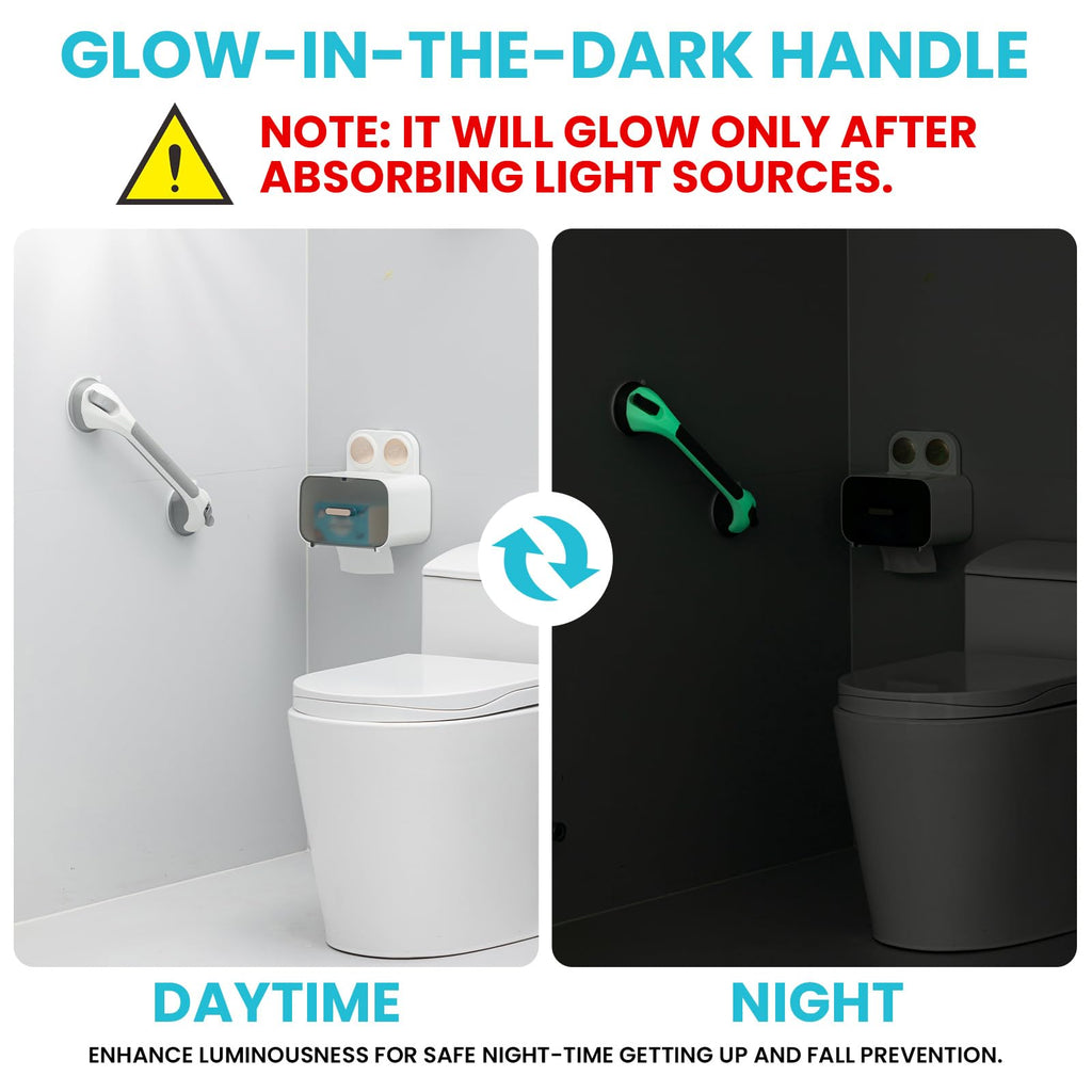 TAILI Shower Grab Bar Glow in The Dark, 2 Pack 16.8 in Grab Bars for Bathtubs and Showers,Shower Handles Shower Rails for Seniors and Elderly,Bathroom Safety Grip Removable No Drilling Waterproof Grey