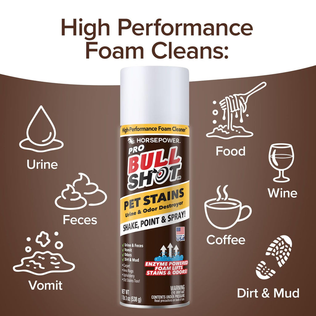 Bull Shot Pet Pro Stain Remover, AS SEEN ON TV, Urine & Odor Emulsifier, Enzyme-Powered Professional Strength Foam for Urine, Feces, Vomit, Odors, Dirt On Carpet, Area Rugs, Upholstery, Old Stains