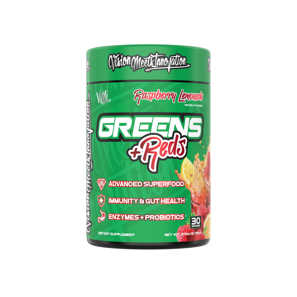VMI Sports Greens + Reds Advanced Superfood Immunity and Gut Health | Enzymes & Probiotics | 30 Servings (Raspberry Lemonade)