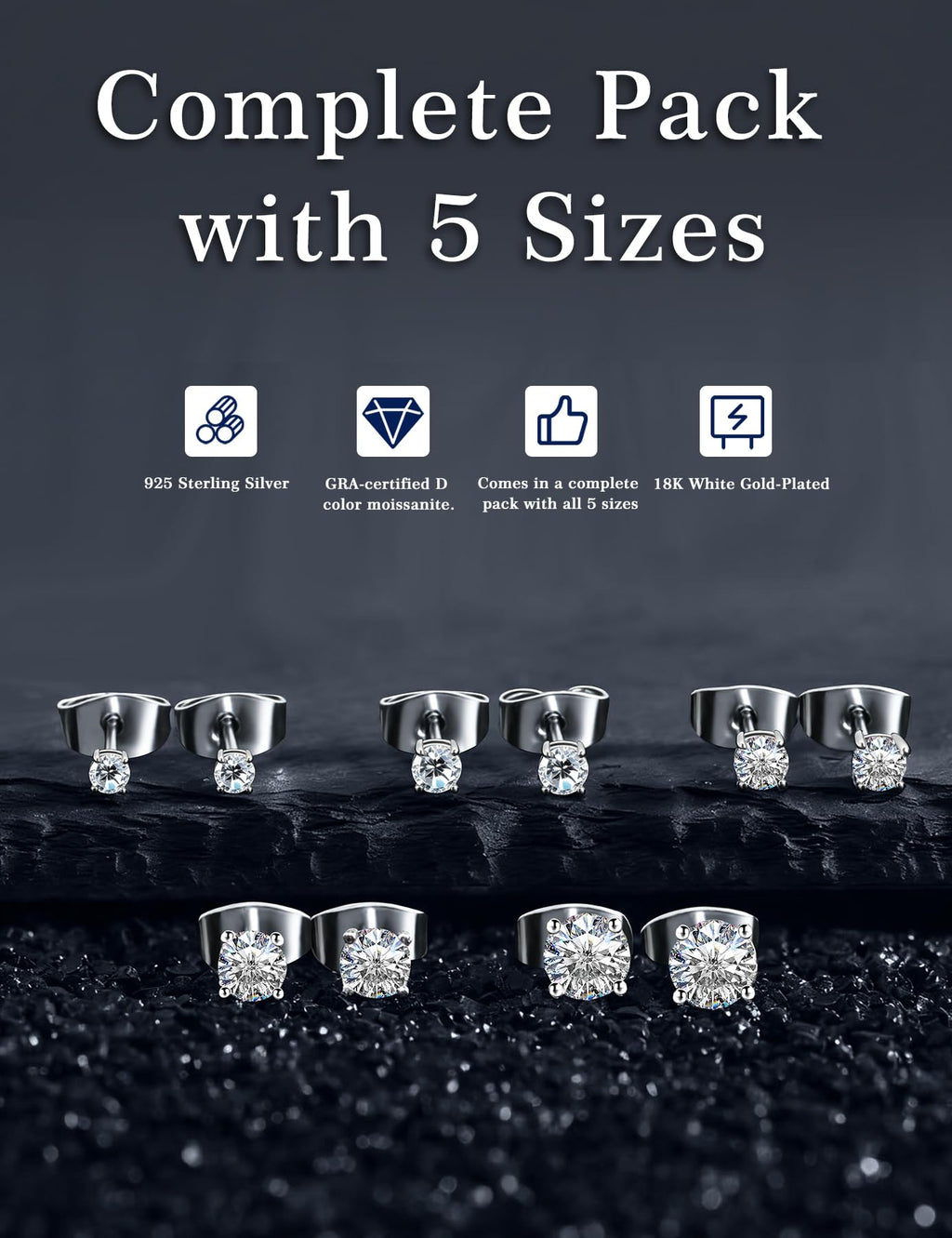 Kosuwo Moissanite Stud Earrings Set, 925 Sterling Silver, 18K White Gold Plated, Hypoallergenic, 5 Pairs, for Women and Men (18K White Gold)