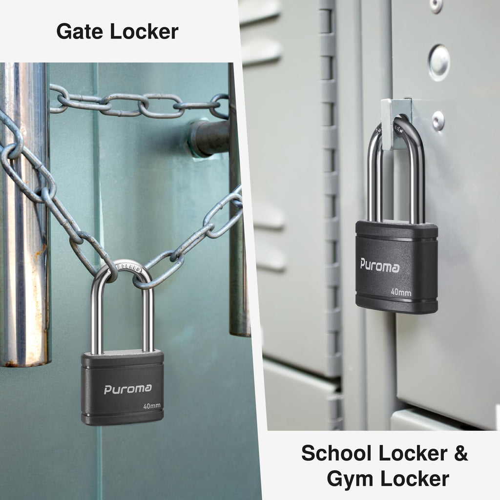 Puroma 4 Pack Keyed Padlock with 6 Keys Alike, 1.1 Inch Locker Lock 40mm Heavy-Duty Locks for Gate Fence Hasp Cabinet Toolbox School Gym Locker (Black)