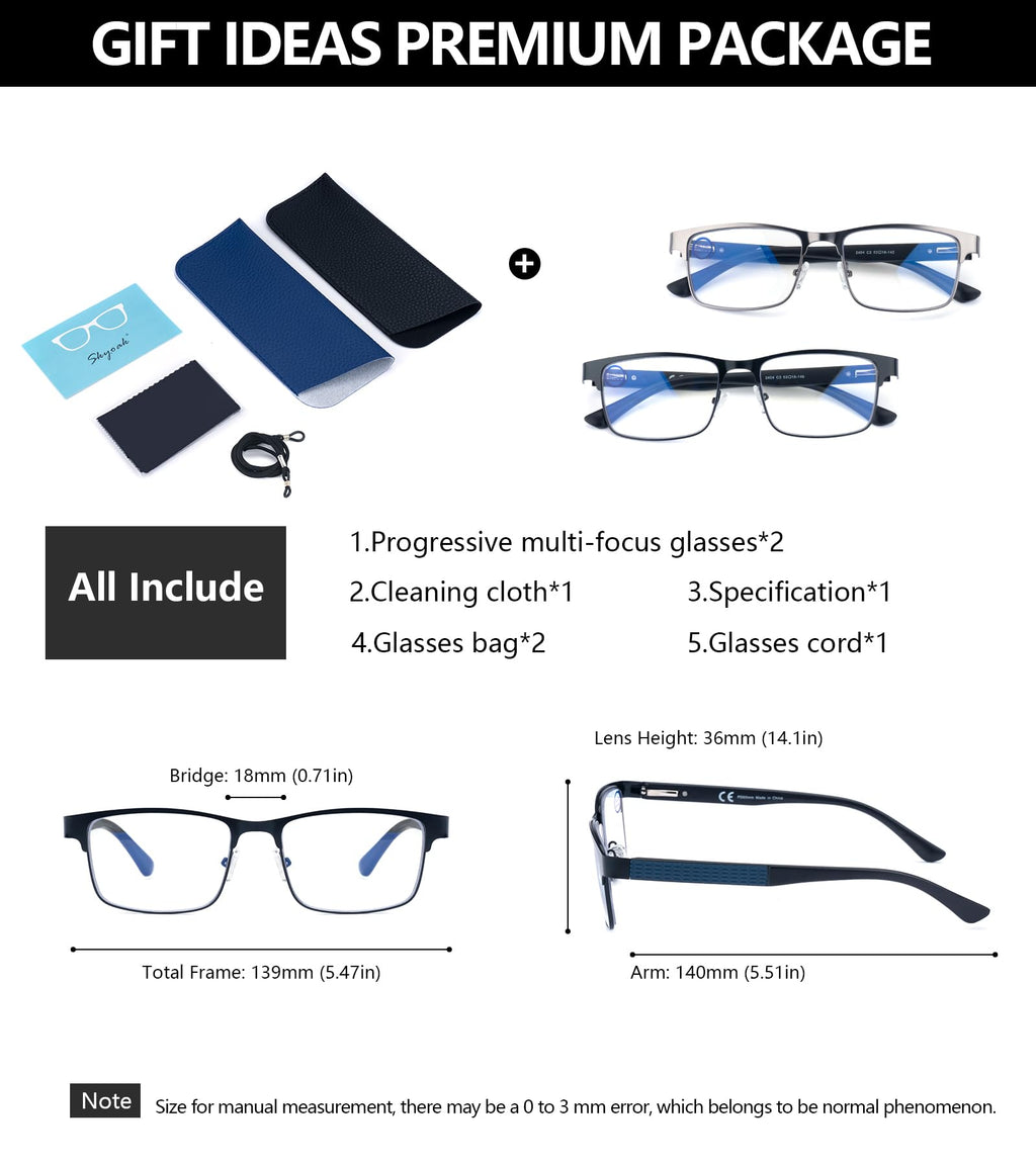 SKYOAK 2 Pack Refined Progressive Multifocus Reading Glasses Men Blue Light Blocking Readers Metal Frame Spring Hinge, Top is not 0 (Black+Gunmetal, 1.5)