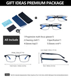 SKYOAK 2 Pack Refined Progressive Multifocus Reading Glasses Men Blue Light Blocking Readers Metal Frame Spring Hinge, Top is not 0 (Black+Gunmetal, 1.5)