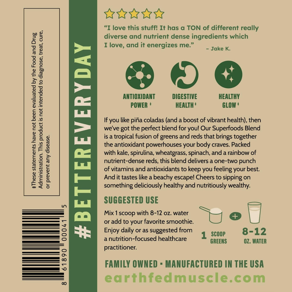 Earth Fed Muscle Greens and Reds Superfoods Blend, Piña Colada – Kale, Spirulina, Wheatgrass & Elderberry – Antioxidant Support, Vitamins & Probiotics – No Artificial Ingredients – 30 Servings