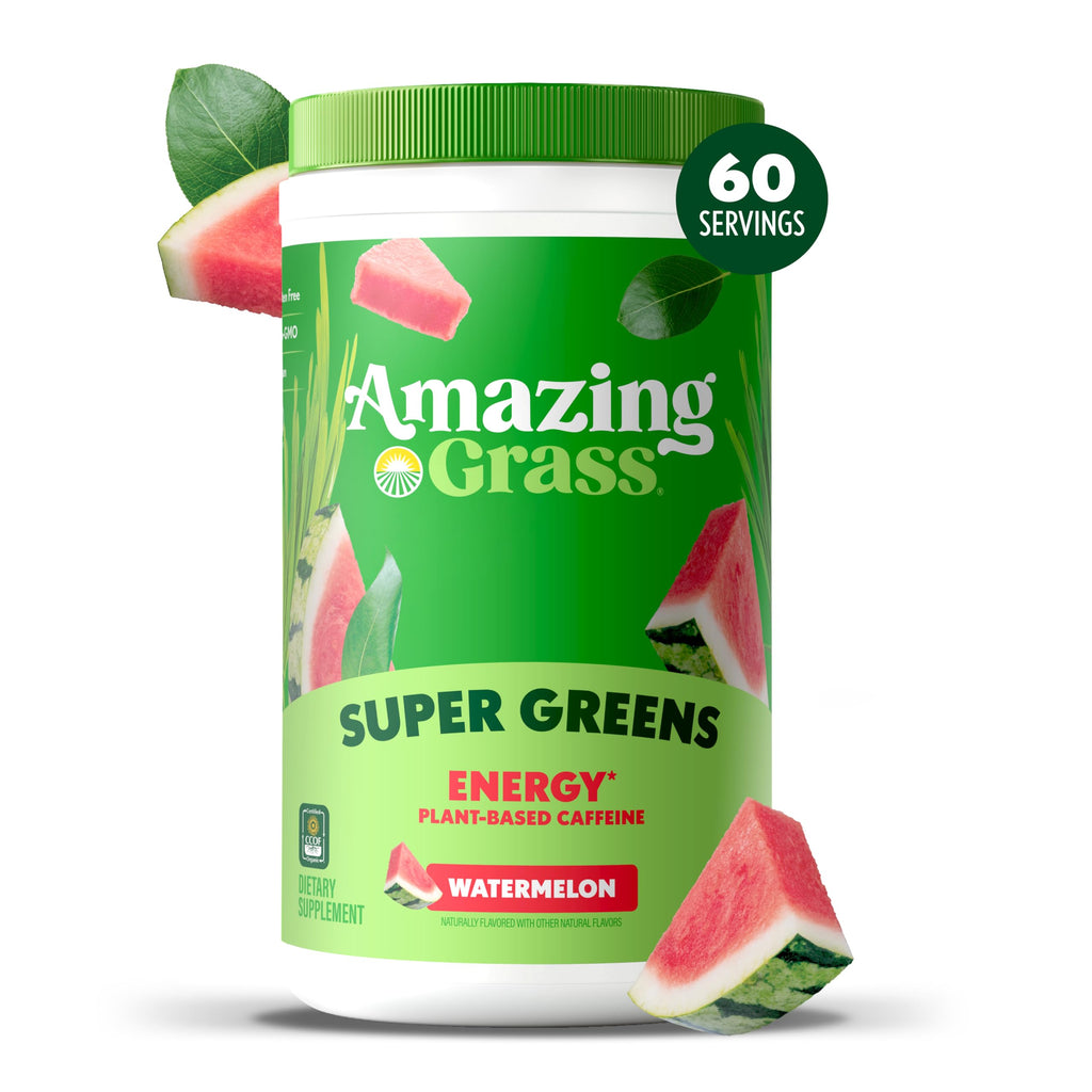 Amazing Grass Green Superfood Energy: Super Greens Powder & Plant Based Smoothie Mix, Caffeine with Matcha Green Tea & Beet Root Powder, Watermelon, 60 Servings (Packaging May Vary)
