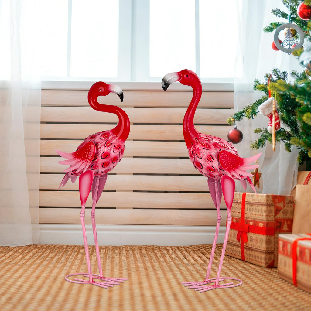 Kukooka 2Pcs Flamingo Garden Statues Metal Pink Flamingos Sculptures for Outdoor Backyard Decor Patio Lawn Porch Yard Decoration (Pink)