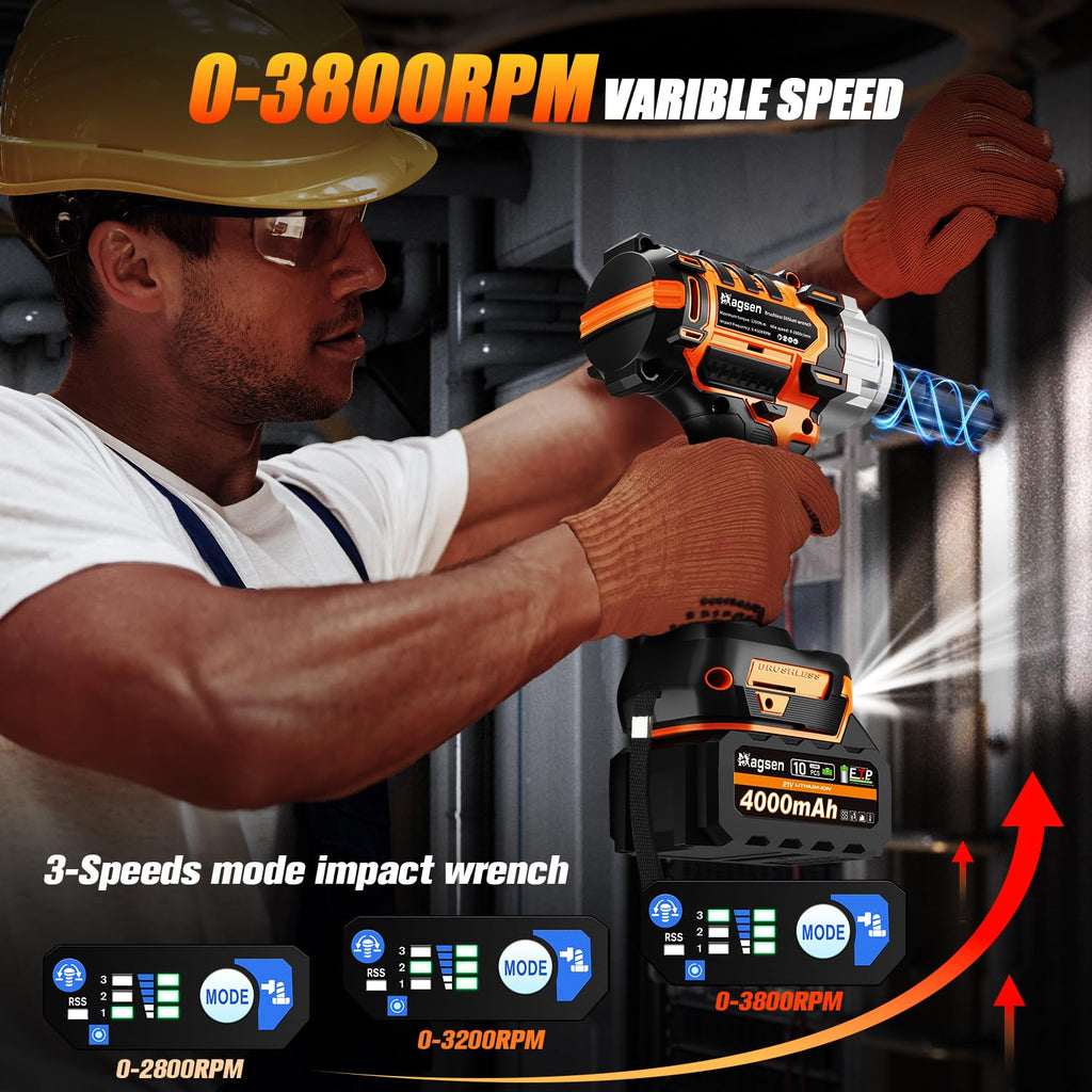 MAGSEN 1/2" Cordless Impact Wrench, 900Ft-lbs (1200N.m) Brushless High Torque Impact Gun,3800RPM,3 Variable Speeds,LED Light,2x4000mAh Battery, 5 Sockets,Electric Impact Gun for Car/Mower/Pickup