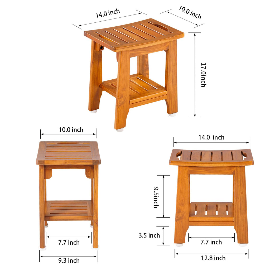 14" Compact Teak Shower Stool with Shelf & Handle - Waterproof, Non-Slip Bath Bench for Small Bathrooms/Tub/Outdoor Use, 300 lbs Capacity (Patented)