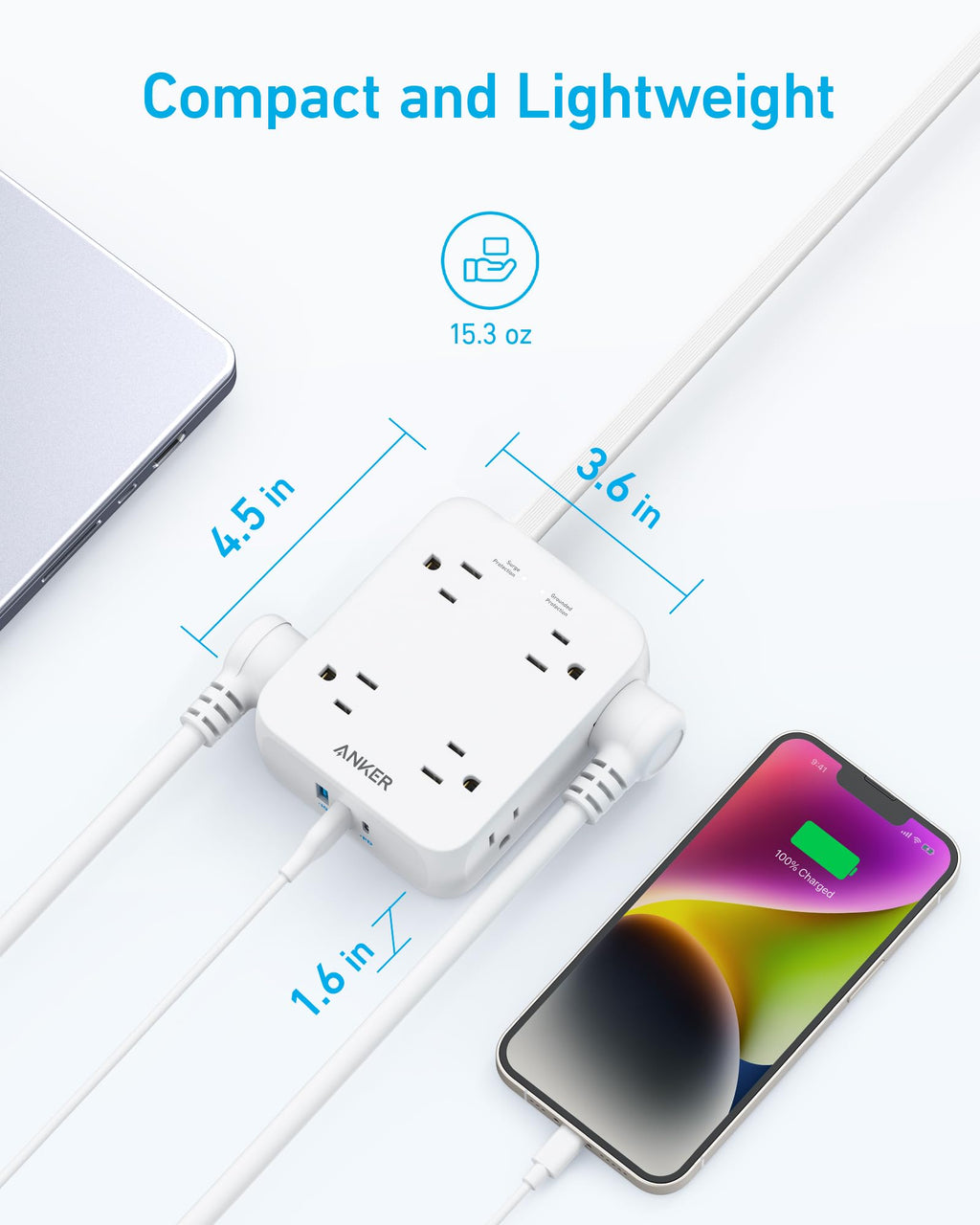 Anker Power Strip with 2000J Surge Protector, 5ft Outlet Extender, 20W, 8AC