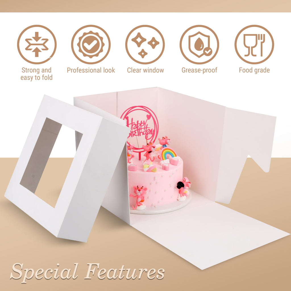 Cakebon Cake Boxes with Drums - 8 Inch Round White Cake Boards/Base para Pasteles (3-Pack) - Caja para Pasteles with Window for Birthdays, Weddings and Parties