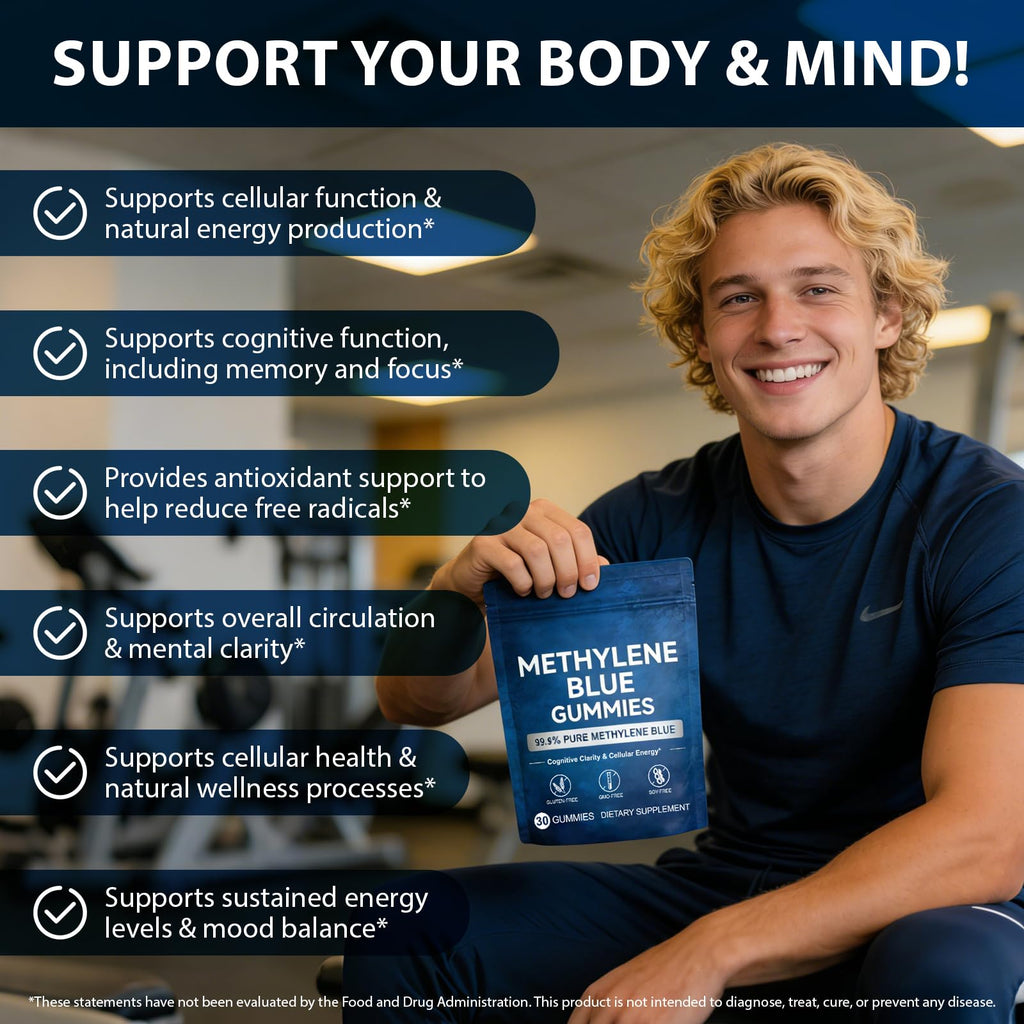 Methylene Blue Gummies 5mg Per Serving, Supports Cognitive Function, Cellular Energy, Mental Focus, Antioxidant Activity, 99.9% Pure, Vegan | 30 Gummies