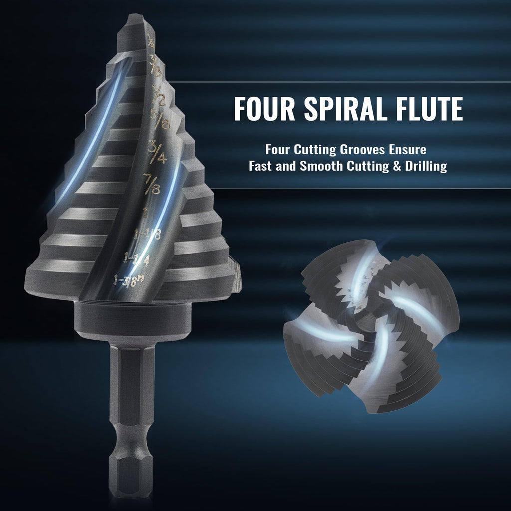 Step Drill Bit Set, 5PCS Four Spiral Flute Step Bits for Metal, 50 Sizes Titanium-Coated HSS Drill Bits with 1/4" Hex Shank for Stainless Steel Aluminum Wood Plastic
