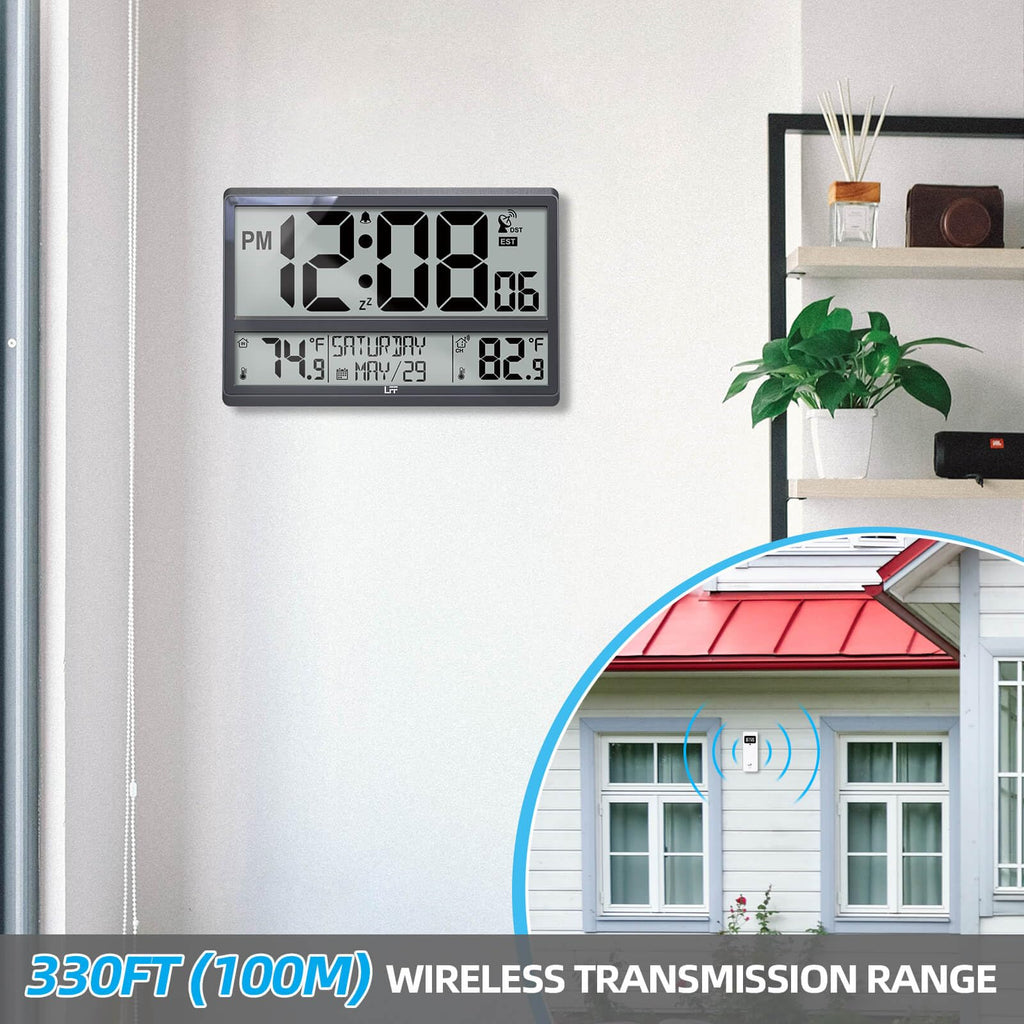 Atomic Clock/Never Needs Setting, Battery Operated, Atomic Wall Clock with Indoor Temperature & Humidity, Wireless Outdoor Sensor, Large Display Digital Calendar Clock for Elderly, Office, Bedroom