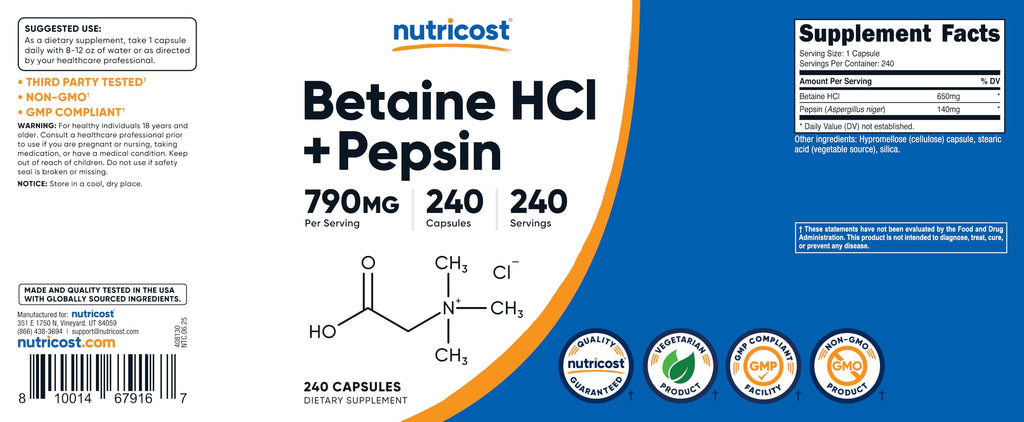 Nutricost Betaine HCl + Pepsin 790mg, 240 Capsules, 3 Bottles (720 Capsules)