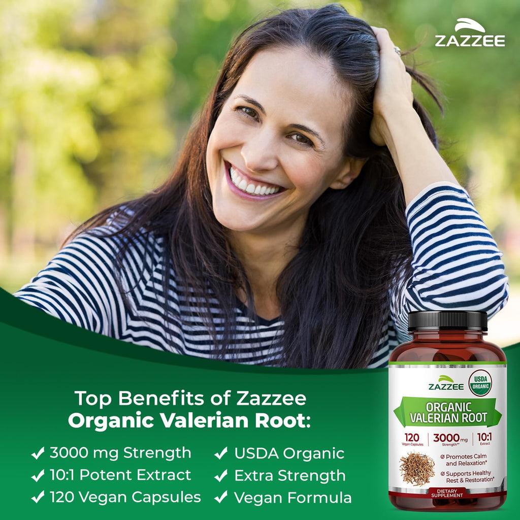 Zazzee USDA Organic Valerian Root 10:1 Extract, 3000 mg Strength, 120 Vegan Capsules, 4 Month Supply, Valeriana officinalis, 10X Potency, 100% Vegetarian, All-Natural, Non-GMO, Made in the USA