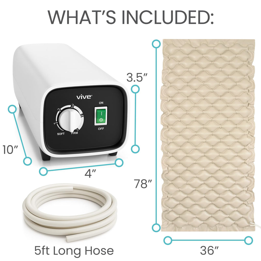Vive Alternating Pressure Mattress - Includes Electric Pump System and Mattress Pad Cover - Quiet, Inflatable Bed Air Topper for Pressure Ulcer and Pressure Sore Treatment - Fits Standard Hospital Bed