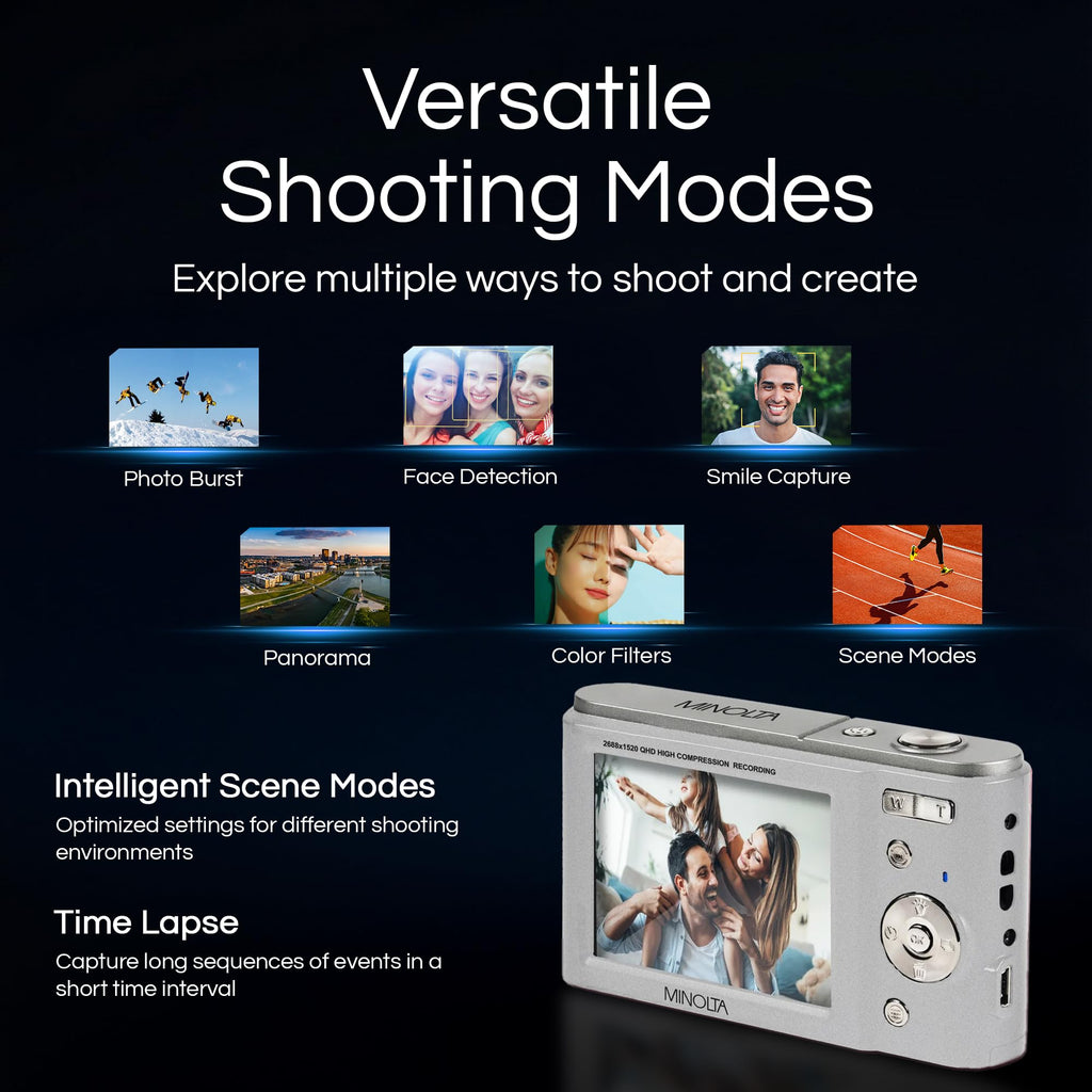 Minolta MND20 44MP Digital Camera – 2.7K Ultra HD Video, 16X Digital Zoom, Anti-Shake Stabilization, Time Lapse, Face Detection, 2.9-inch LCD Display – Lightweight Compact Camera (Silver)