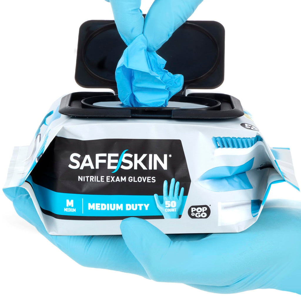 SAFESKIN Nitrile Disposable Gloves in 4 Packs of 50/200 Total, Medium Duty, Large Size, Powder Free - For Food Handling, First Aid, Cleaning, Gardening, Crafting - Premium Medical Exam Gloves