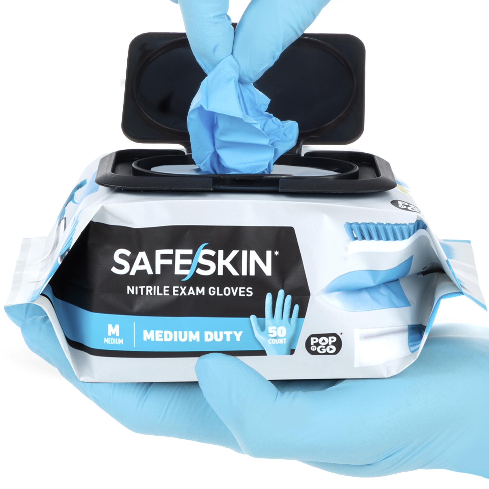SAFESKIN Nitrile Disposable Gloves in 4 Packs of 50/200 Total, Medium Duty, Large Size, Powder Free - For Food Handling, First Aid, Cleaning, Gardening, Crafting - Premium Medical Exam Gloves