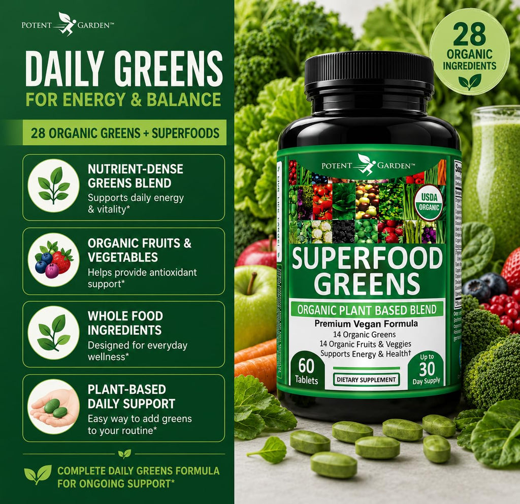 Potent Garden Super Greens Capsules, Fruits and Veggies Supplement, Organic Greens Tablets with Alfalfa Beet Root & Tart Cherry, Daily Nutrition Support, 60 Ct