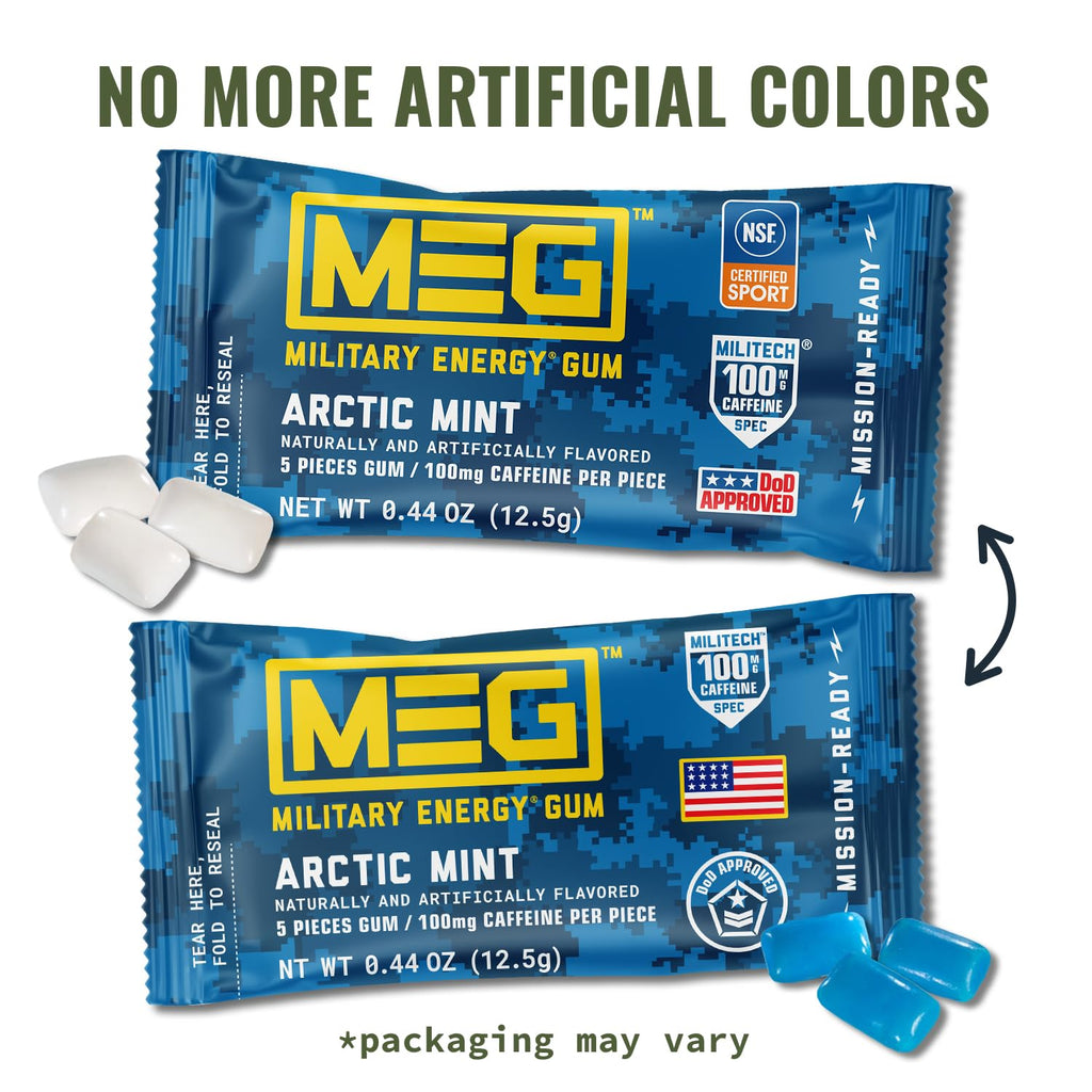 MEG (Military Energy Gum) - Arctic Mint | Enhance Your Physical Performance with 100mg of Caffeine Per Piece, Ultimate Energy Boost for Workouts, Alternative to Energy Drinks | NSF for Sport® Certified - Pack of 24