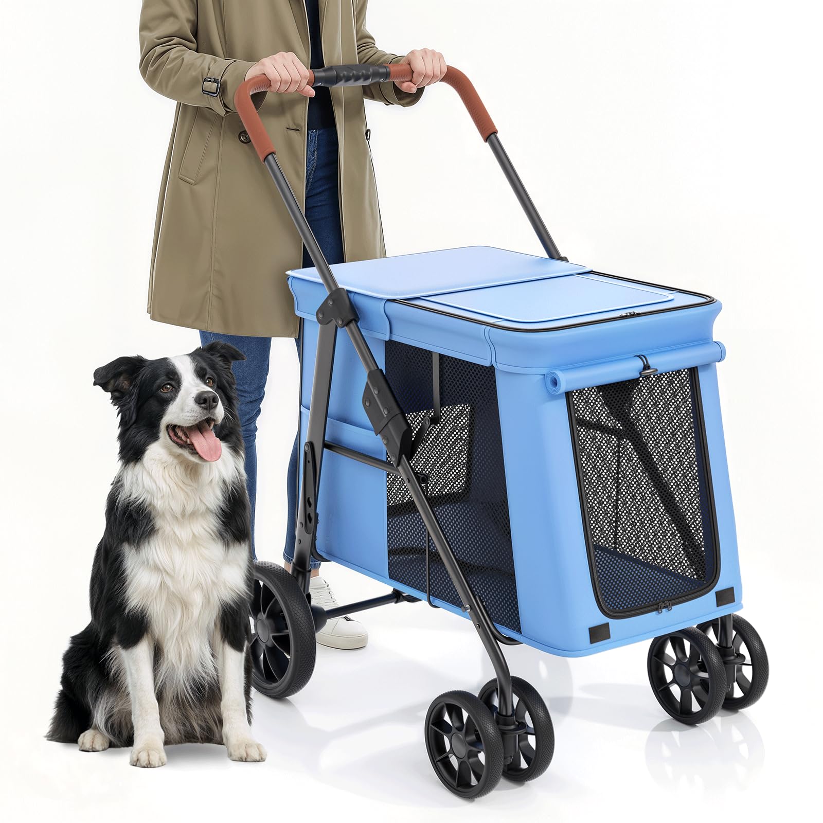 MoNiBloom Pet Stroller for Medium to Large Dogs up to 66lb, One-Button Fold System, Breathable Mesh Top & Sides, Portable Dog Wagon for Outdoor