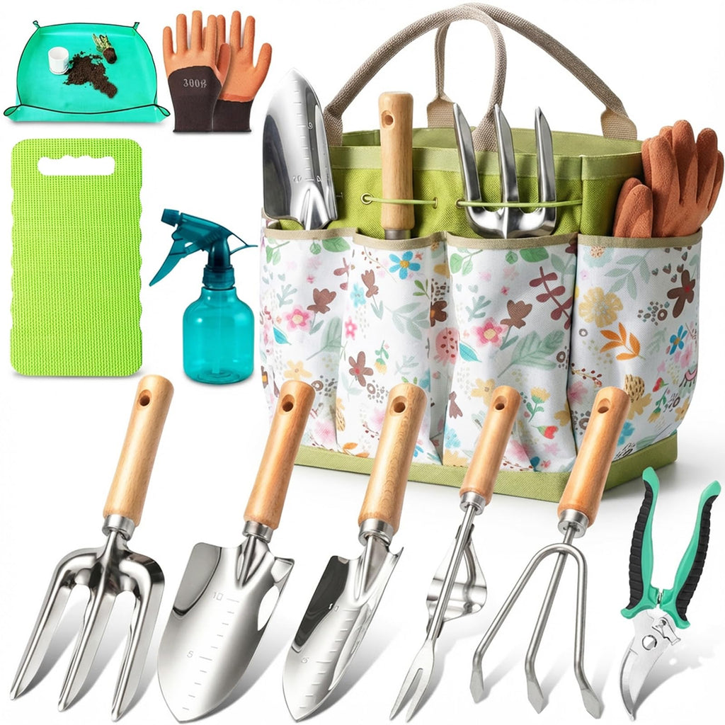 Garden Tool Set 11-Piece Heavy Duty Gardening Hand Tools - Rust-Resistant Stainless Steel with Durable Stylish Garden Tools Organizer Tote Bag, Perfect Gardening Gift for Women, Mom & Garden Lovers