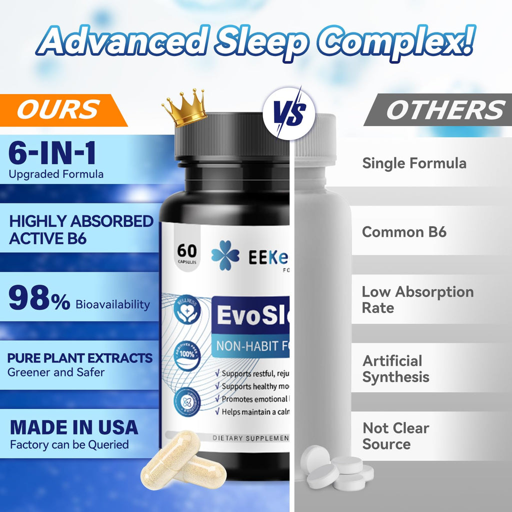 EEKEEPHIT 6 in 1 Melatonin-Free Sleep Aid Sleep Complex with Ashwagandha, GABA, L-Theanine & 5-HTP, VIT B6(P5P) for Adults, Supports Deep Relaxation, 30 Vegan Capsules