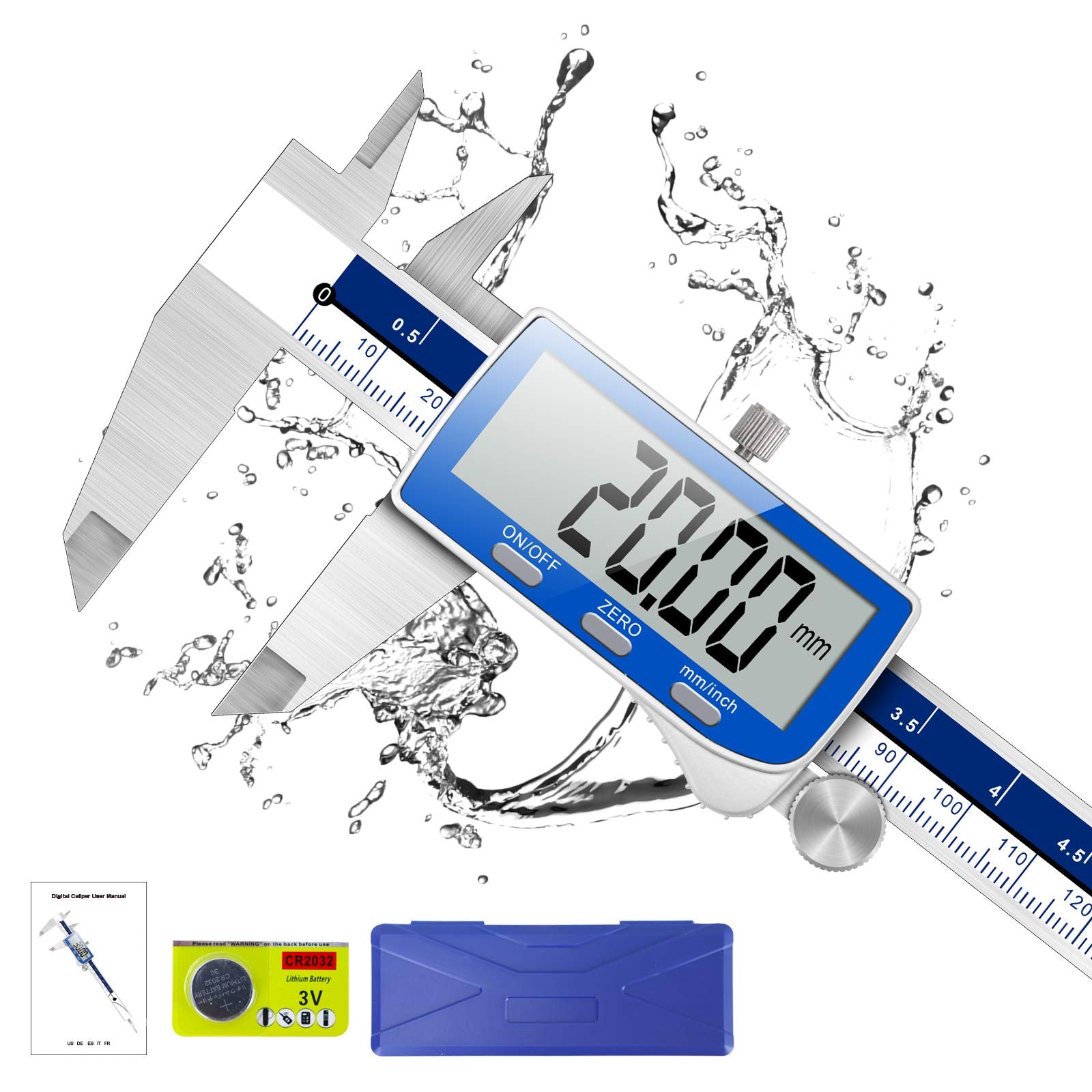 Qfun Digital Caliper, 0-6inch Caliper Measuring Tool Extreme Accuracy IP54 Waterproof Electronic Vernier Caliper Stainless Steel Digital Micrometer with Extra Large LCD Screen