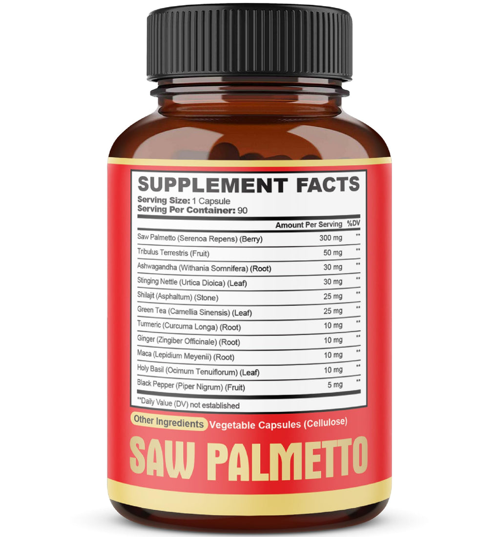 Premium Saw Palmetto Capsules - Combined with Ashwagandha, Turmeric, Tribulus, Maca, Green Tea, Ginger, Holy Basil & More - 90 Capsules 3-Month Supply