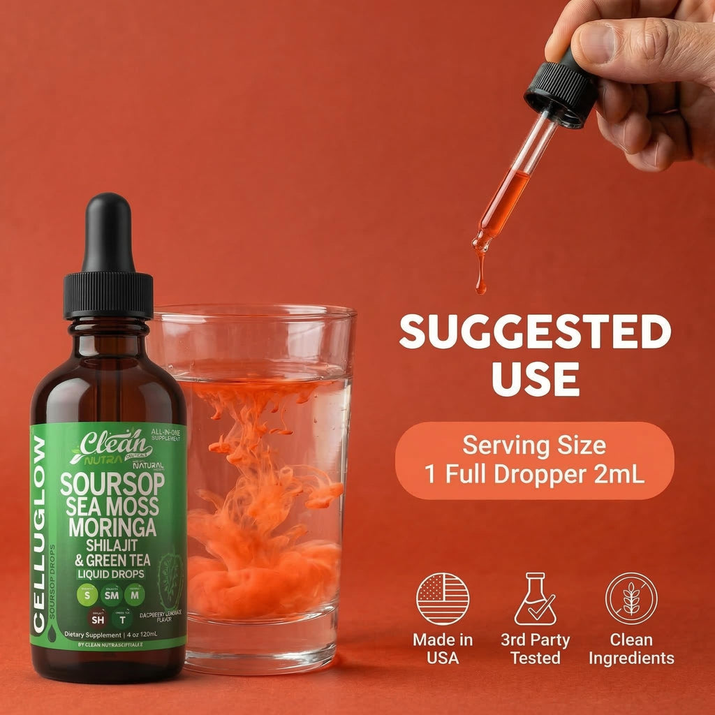 Clean Nutra Soursop Liquid Drops Sea Moss Moringa Shilajit Green Tea Vitamin D Vitamin C Garlic Supplements Grape Seed Lycopene Turmeric Root 4 Oz Immune Support & Cellular Health by Clean Nutra