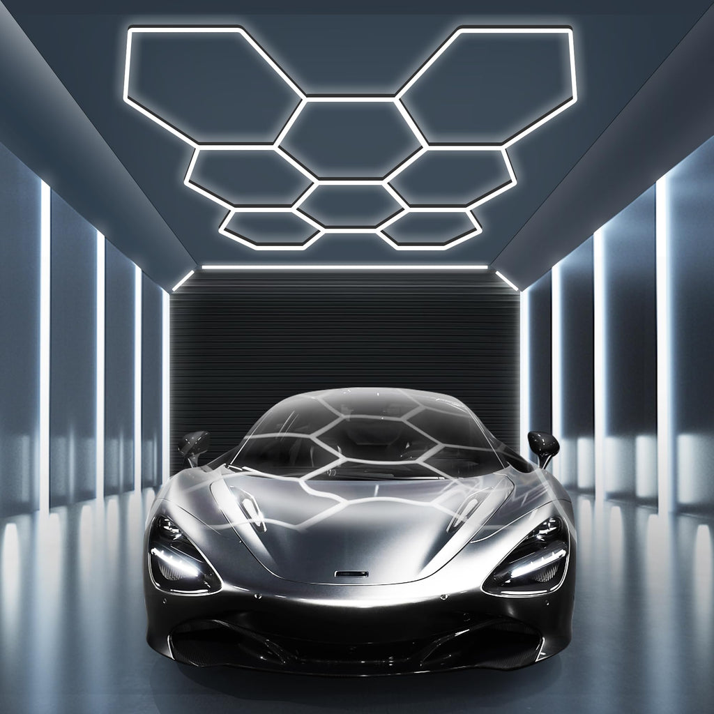 MODERN Hexagon Garage Light: Higher Brightness 38880 Lumens Honeycomb Garage Light, 8 Grid Systems 6500K, Hexagon Garage Grid Lighting for Garage, Gym, Car Detailing Shop etc.