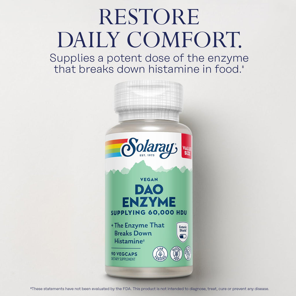 SOLARAY DAO Enzyme - Breaks Down Histamine - 60,000 HDU - Vegan, Gluten Free, Lab Verified - 90 Servings, 90 VegCaps