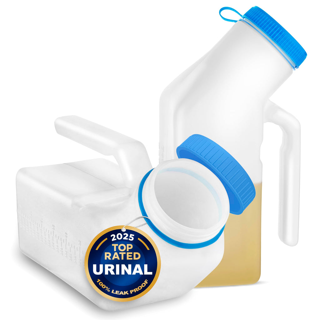 Male Urine Bottles 2 Pack (35 oz), Portable Urinals for Men Spill Proof Nighttime, Pee Bottles for Men with Screw-On Lid, Travel Urinals for Seniors with Easy-to-Read Measurement Lines