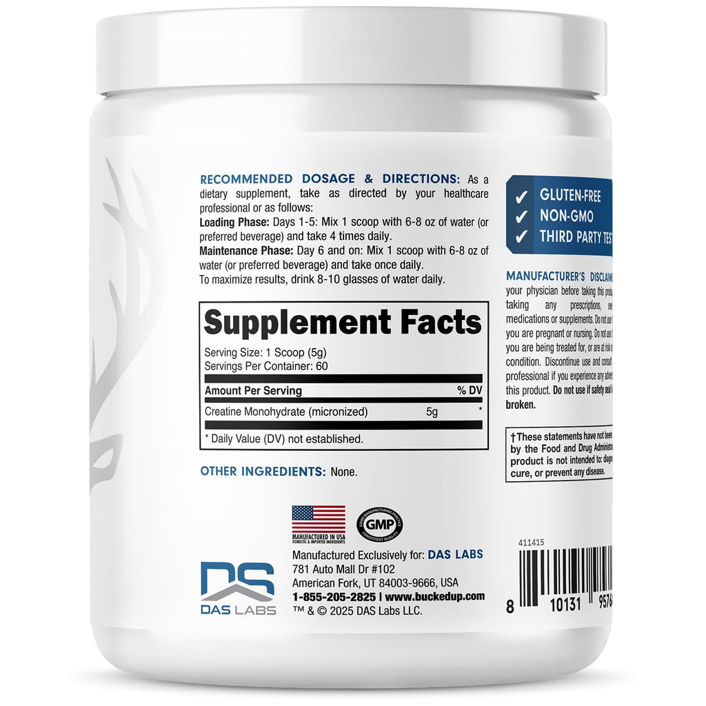 Bucked Up Pure Micronized Creatine Monohydrate for Women and Men - Easy to Mix and Unflavored - 5G Per Serving - 60 Servings - 300 Grams Per Container
