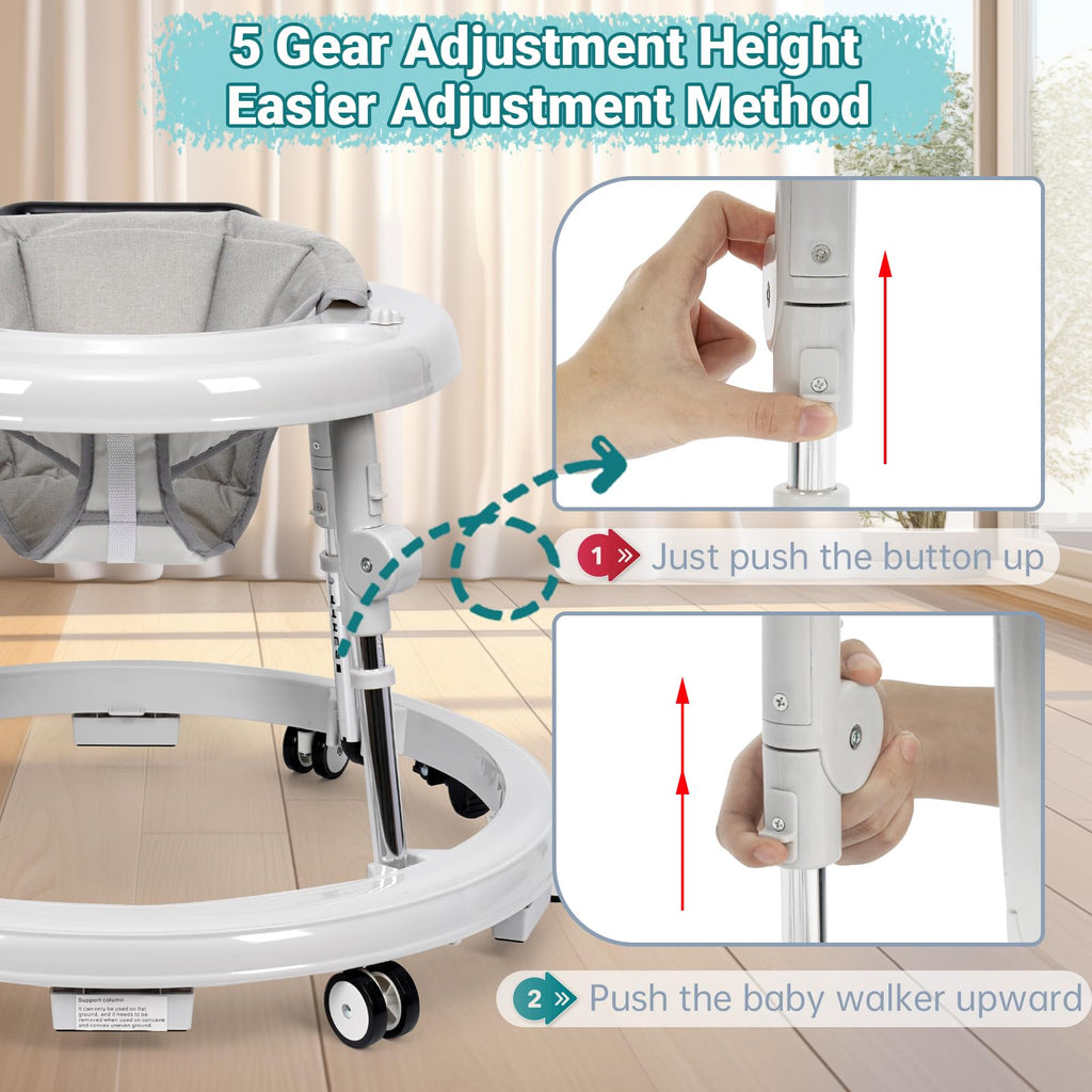 HolyBase Music and Lights Baby Walker Foldable with 9 Adjustable Heights, Baby Walker with Wheels Portable, Infant Toddler Walker for Baby Boy Girls 6-18 Months