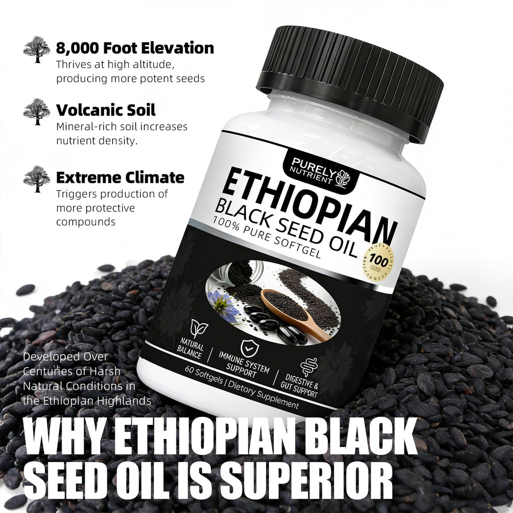 NHQNHQ Purely Nutrient Ethiopian Black Seed Oil, Ethiopian Black Seed Oil Softgels |4.64% Thymoquinone | Non-GMO, Gluten-Free,60 Capsules-1PCS