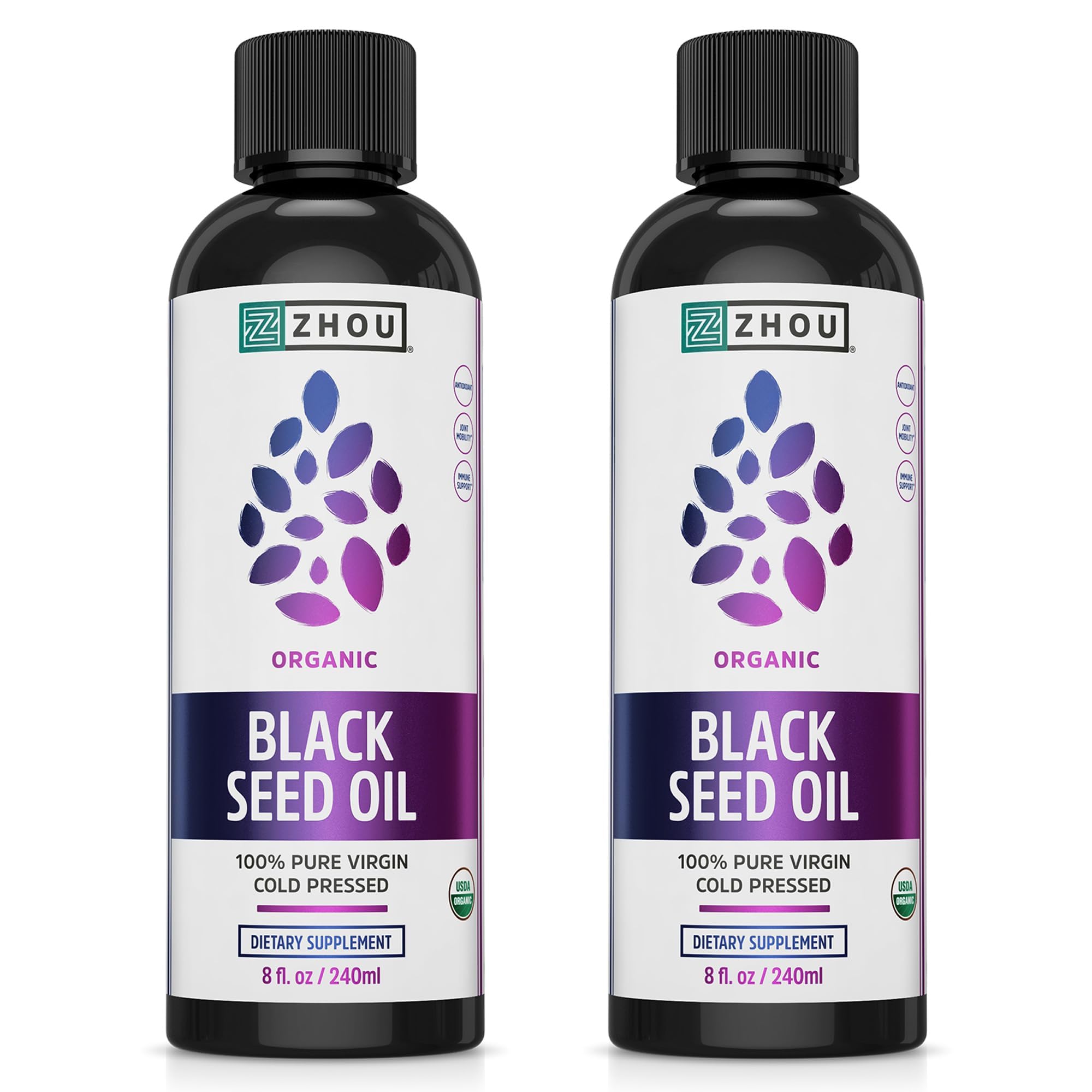ZHOU Organic Black Seed Oil - Black Cumin Seed Oil Cold Pressed, Nigella Sativa, Pure Unrefined Blackseed Liquid, Premium Supplement for Health with Thymoquinone, Omega 3 6 9-8 Fl Oz (Pack of 2)