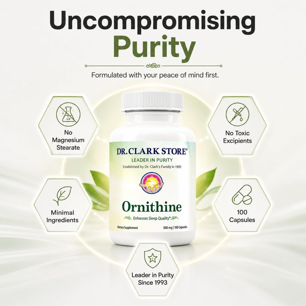 Dr Clark Ornithine Dietary Supplement 500mg, 100 Gelatin Capsules, Pure Amino Acid Support for Natural Sleep Aid, Promotes Protein Metabolism, Cleansing and Detoxification, Non-GMO & Gluten Free