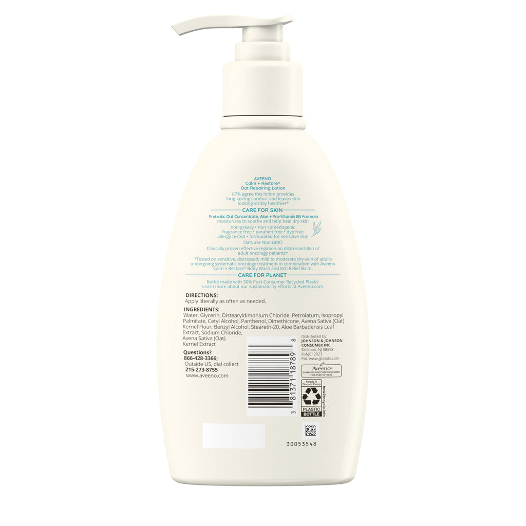 Aveeno Calm + Restore Oat Repairing Body Lotion for Sensitive Skin, Daily Moisturizer with Prebiotic Oat, Aloe & Pro-Vitamin B5, Fragrance Free Body Lotion Helps Heal Dry Skin, 12 oz