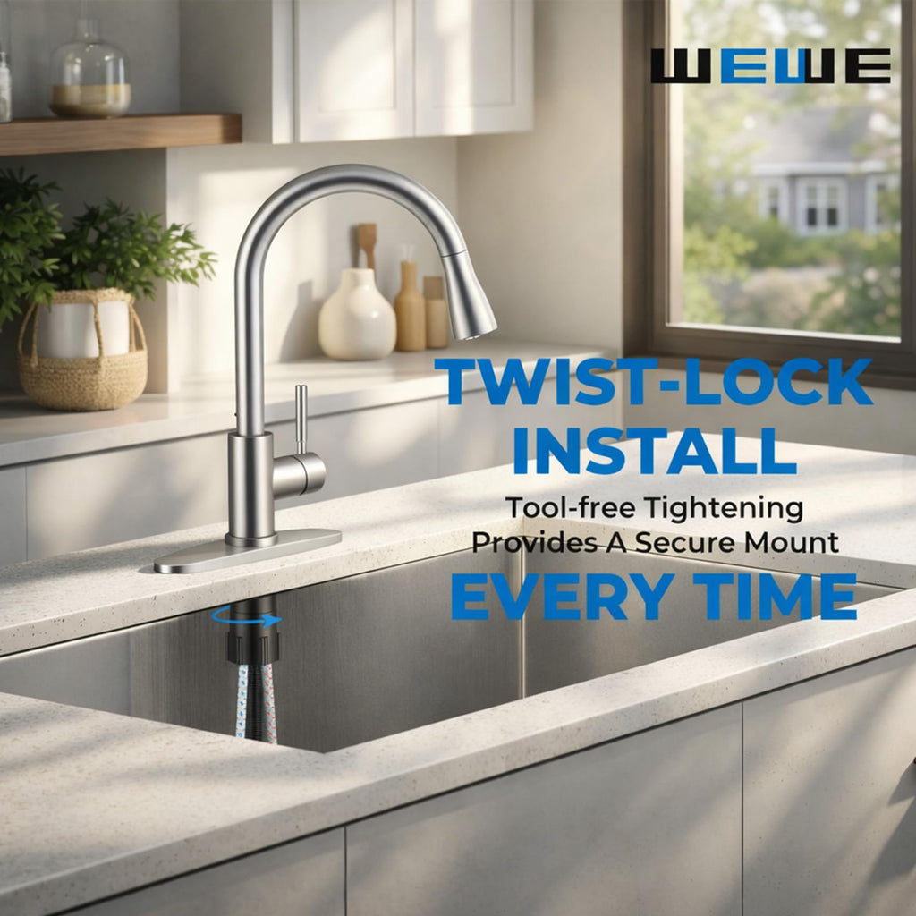 WEWE High-Arc Pull-Down Kitchen Faucet, Brushed Nickel, 3-Mode Sprayer