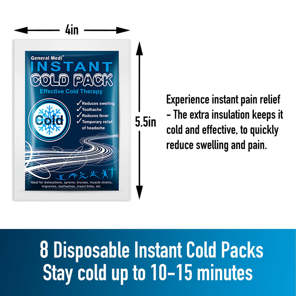 General Medi Instant Ice Cold Pack (4”x 5.5”) – 8 Packs Disposable Cold Therapy Ice Packs for Pain Relief, Swelling, Inflammation, Sprains, Toothache – for Athletes & Outdoor Activities