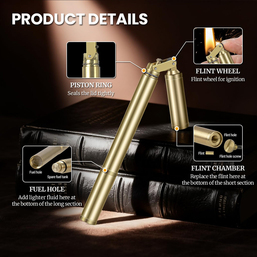 CHOICEDC Vintage Lighter, Cool Trench Lighter, Unique Slim Kerosene Lighters Fluid Refillable, Antique Brass Pipe Lighters with Spare Oil Tank and Flint Chamber, Novelty Gifts for Men Women, No Fuel