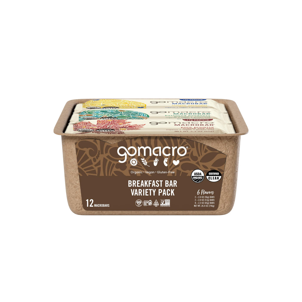 GoMacro Macrobar Organic Vegan Protein Bars, Breakfast Variety Pack, 12 Count