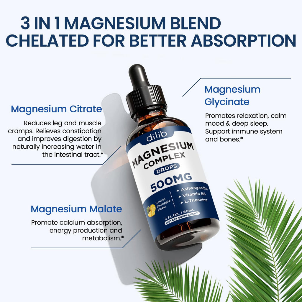 Magnesium Glycinate Liquid Drops 500mg - Triple Magnesium Complex Supplement with Citrate, Malate, Ashwagandha, L-Theanine, Vitamin B6 for Sleep, Stress Relief, Muscle, Pineapple Flavor 4 Fl Oz