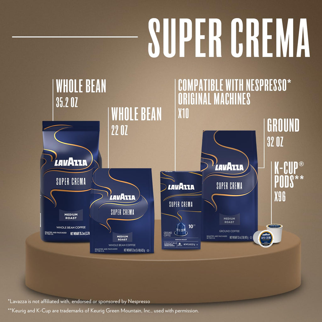 Lavazza Super Crema Whole Bean Coffee, Medium Espresso Roast, Arabica and Robusta Blend, 22 oz Bag