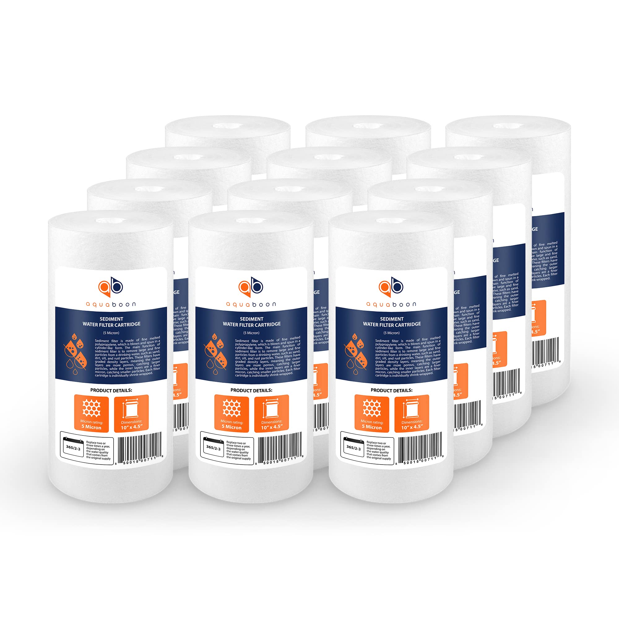 Aquaboon 5 Micron 10 x 4.5 Well Water Sediment Filter Replacement Whole House Water Filter Cartridge Compatible with DGD-5005, WFHD13001B, 12-Pack