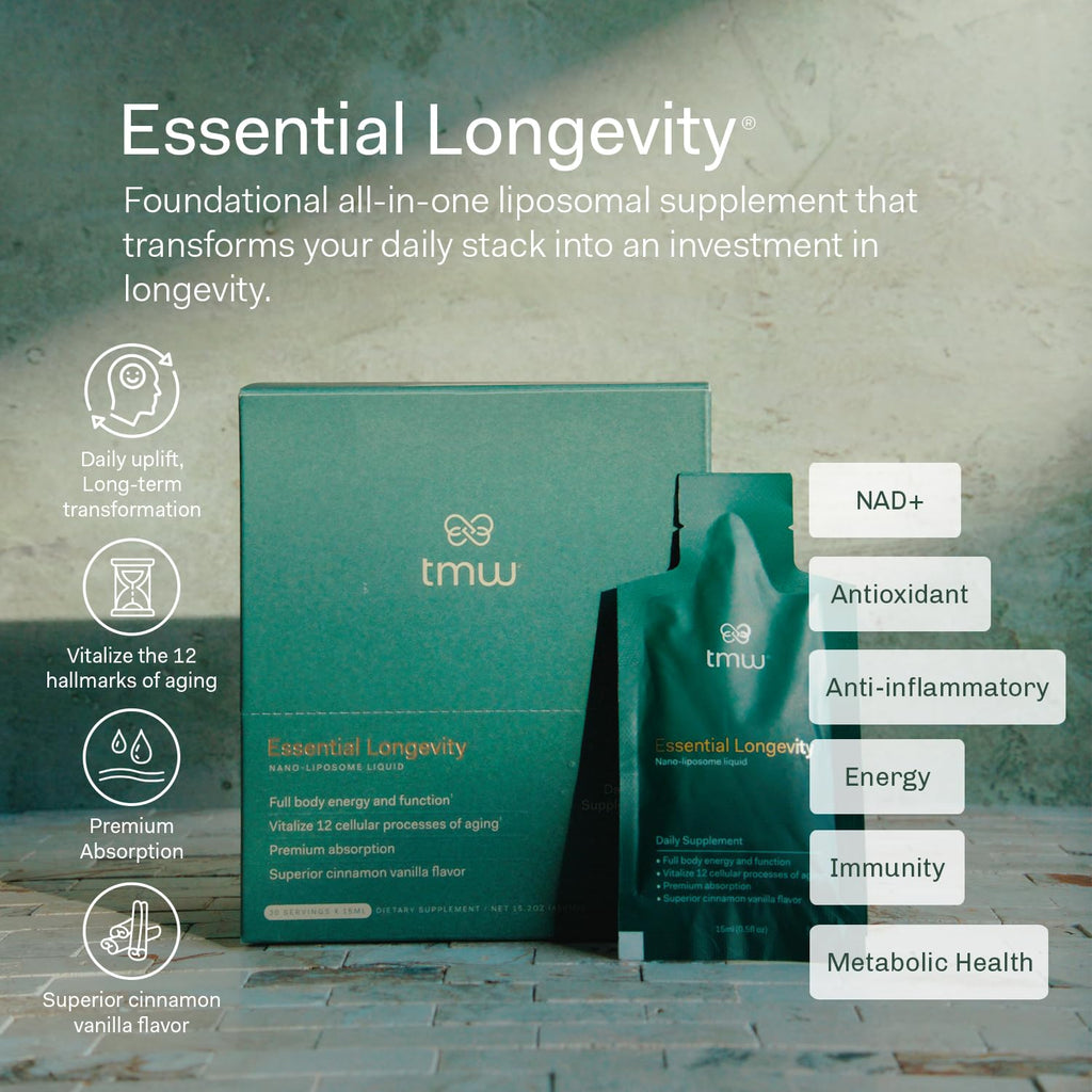 Essential Longevity® — 100% Liposomal 15-in-One Stack. NAD+ Precursor Nicotinamide, Quercetin, C, D3, B12, Magnesium Glycinate, Lions Mane, Chaga, Agaricus, Taurine, Sodium Hyaluronate. — 30 Sachets.