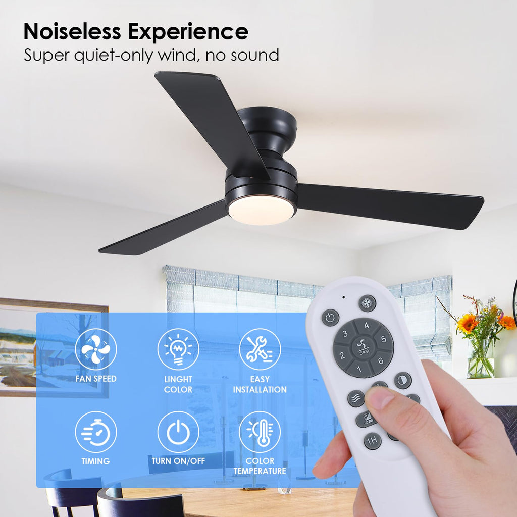 Asyko Ceiling Fans with Lights,46" Low Profile Ceiling Fan with Light and Remote Control,Flush Mount, Reversible, Dimmable, Noiseless, Black Ceiling Fan for Bedroom
