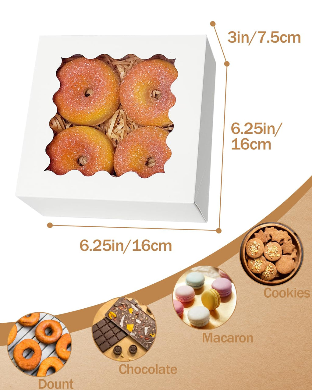qiqee Auto-pop up 6x6x3 Inch White Cookie Box with Window 30Pcs Pastry Macaron Bakery Box For Packaging